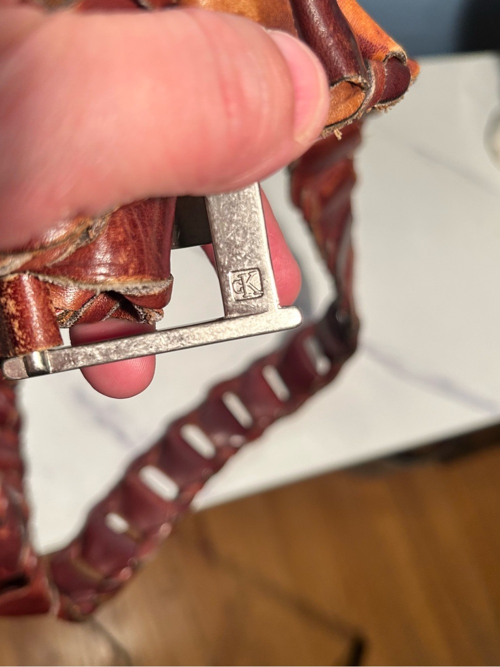 Calvin Klein Woven Brown Leather Belt with Brushed Silver Buckle - Picture 3 of 13